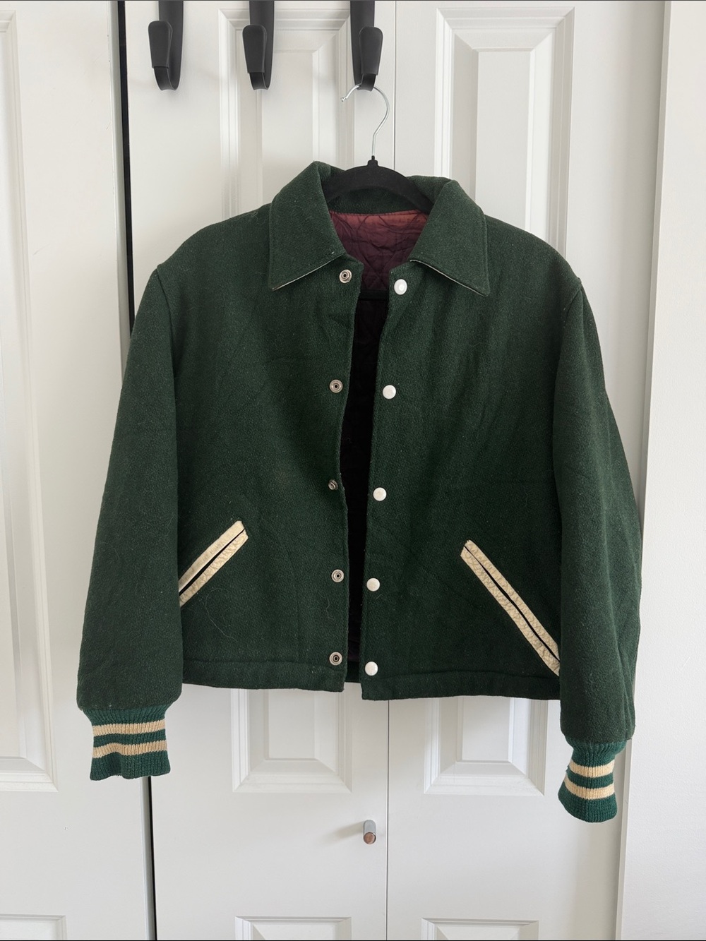 Unique Vintage Green Wool Snap-Front Letterman Jacket with Stripe Trim